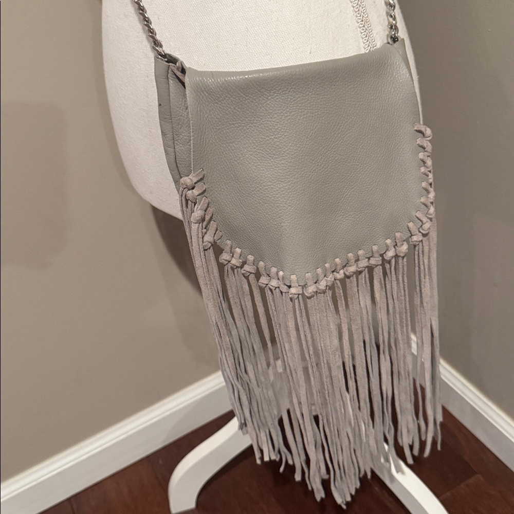 Zara gray leather crossbody mini flap bag with fringe and silver link chain